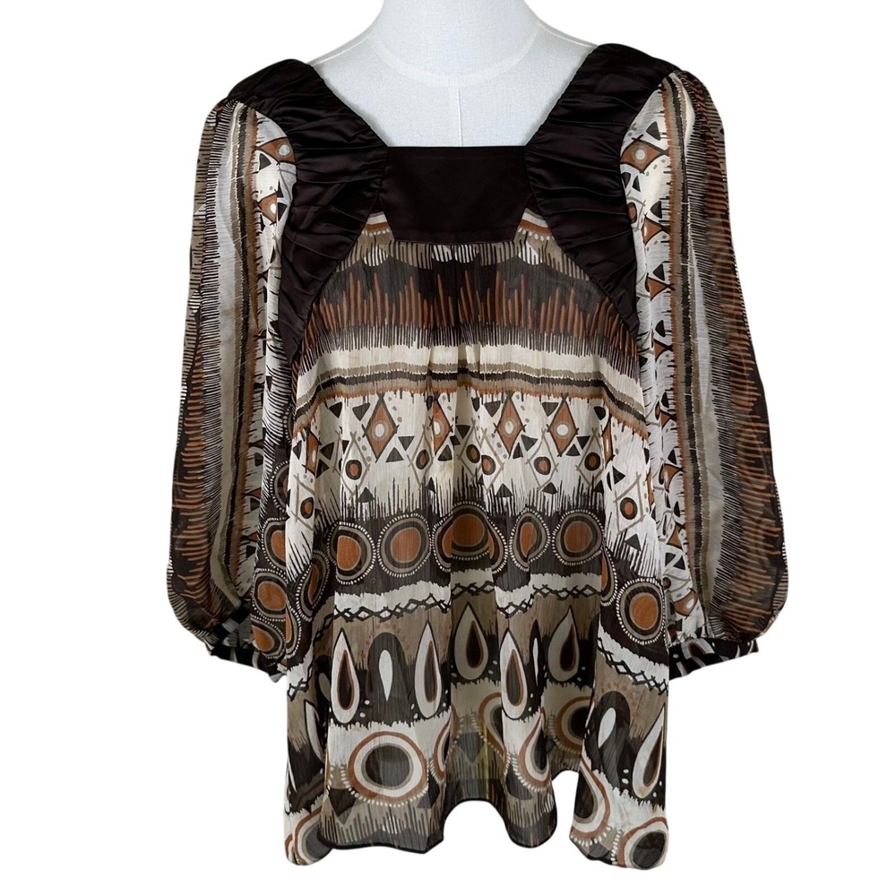 BCBGeneration Blouse Womens L Brown Geometric‎ Square Neck Balloon Sleeve 70s